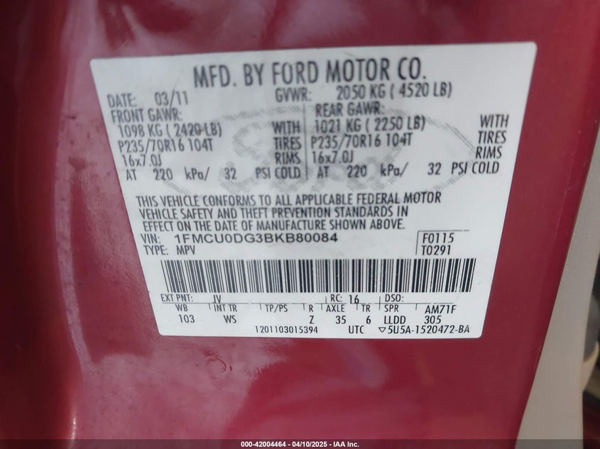 2011 FORD ESCAPE VIN: 1FMCU0DG3BKB80084