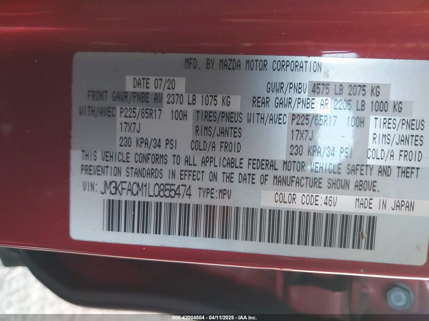 2020 MAZDA CX-5 TOURING - JM3KFACM1L0855474