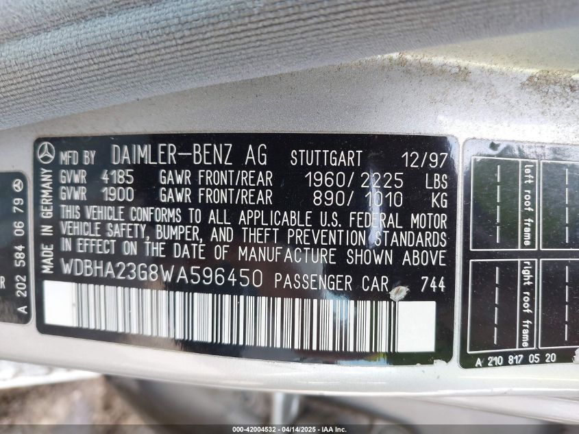 1998 Mercedes-Benz C 230 VIN: WDBHA23G8WA596450 Lot: 42004532