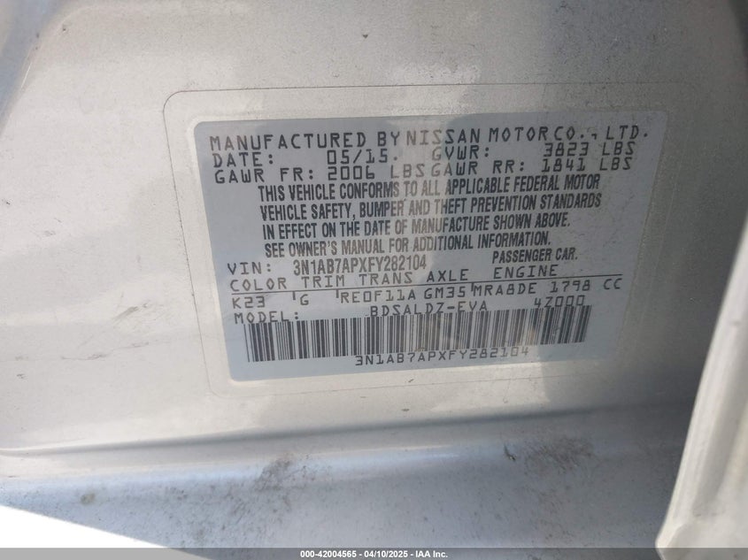 2015 NISSAN SENTRA VIN: 3N1AB7APXFY282104