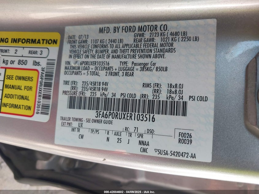 2014 FORD FUSION HYBRID VIN: 3FA6P0RUXER103516