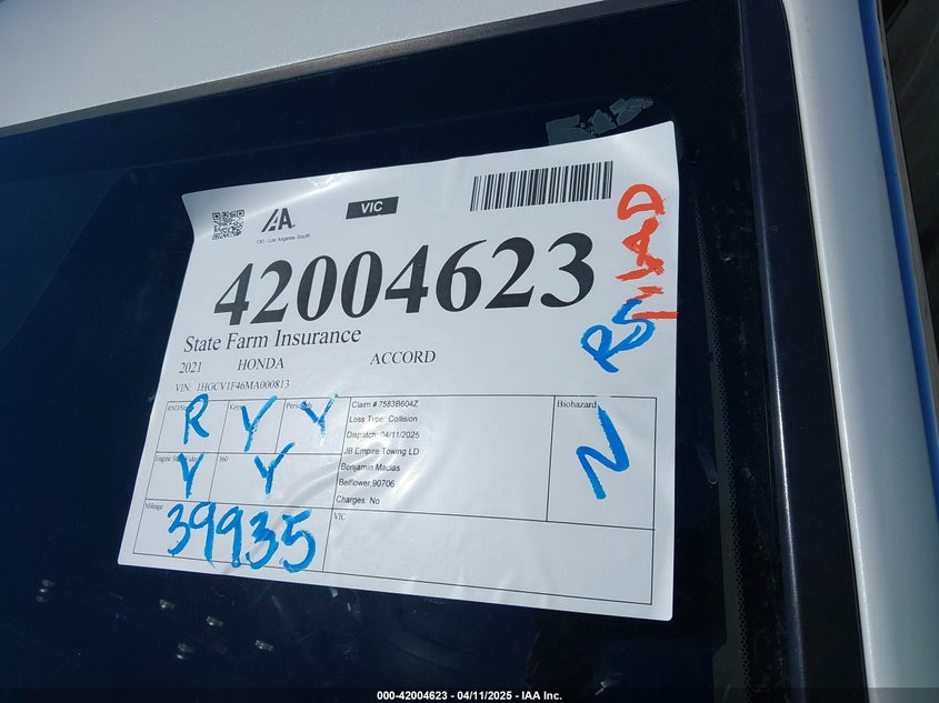 2021 HONDA ACCORD VIN: 1HGCV1F46MA000813