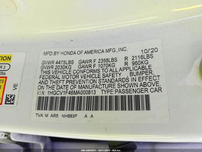 2021 HONDA ACCORD VIN: 1HGCV1F46MA000813
