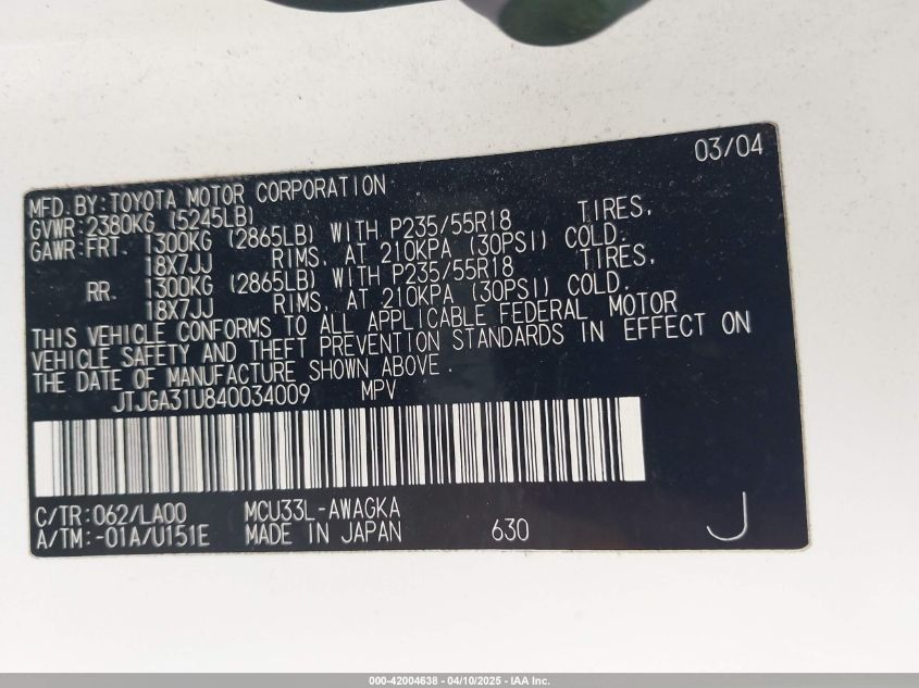 2004 Lexus Rx 330 VIN: JTJGA31U840034009 Lot: 42004638