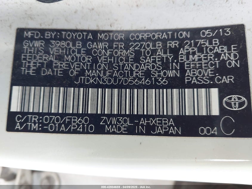 2013 TOYOTA PRIUS VIN: JTDKN3DU7D5646136
