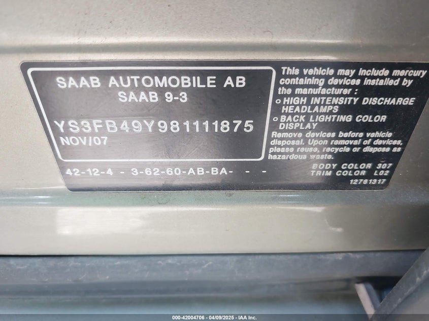 2008 SAAB 9 3 VIN: YS3FB49Y981111875