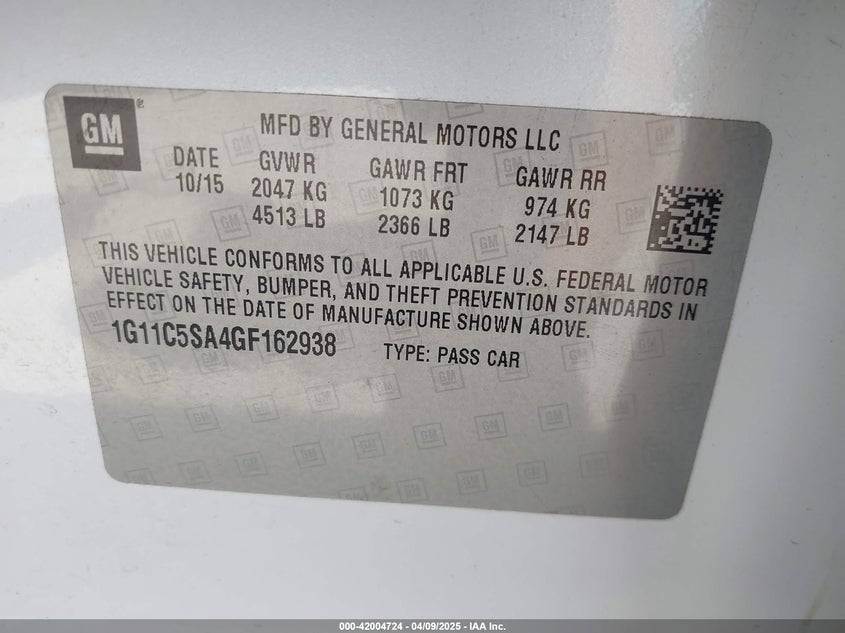 2016 CHEVROLET MALIBU LIMITED VIN: 1G11C5SA4GF162938