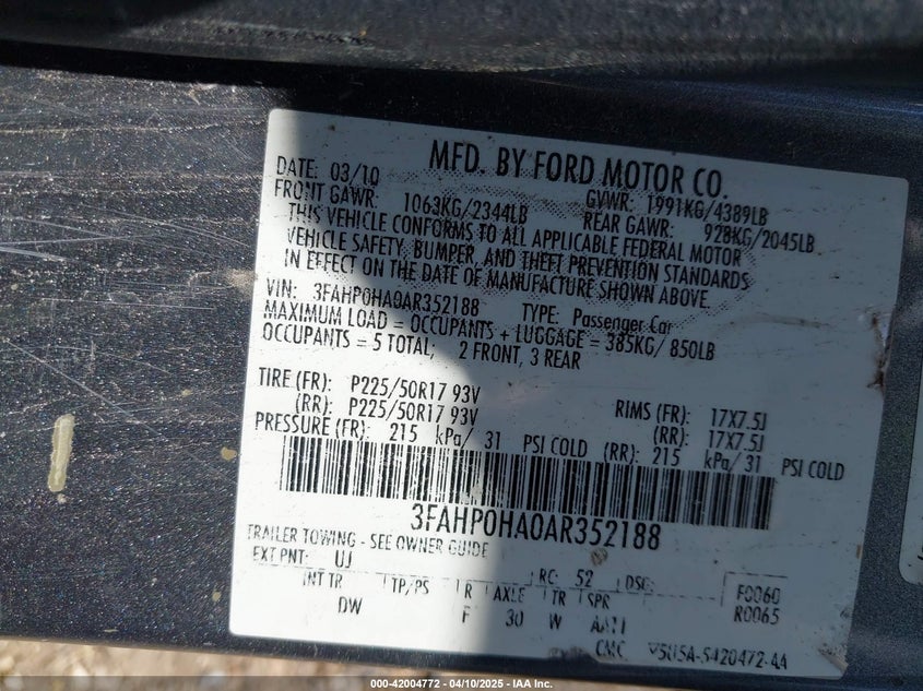 2010 FORD FUSION VIN: 3FAHP0HA0AR352188