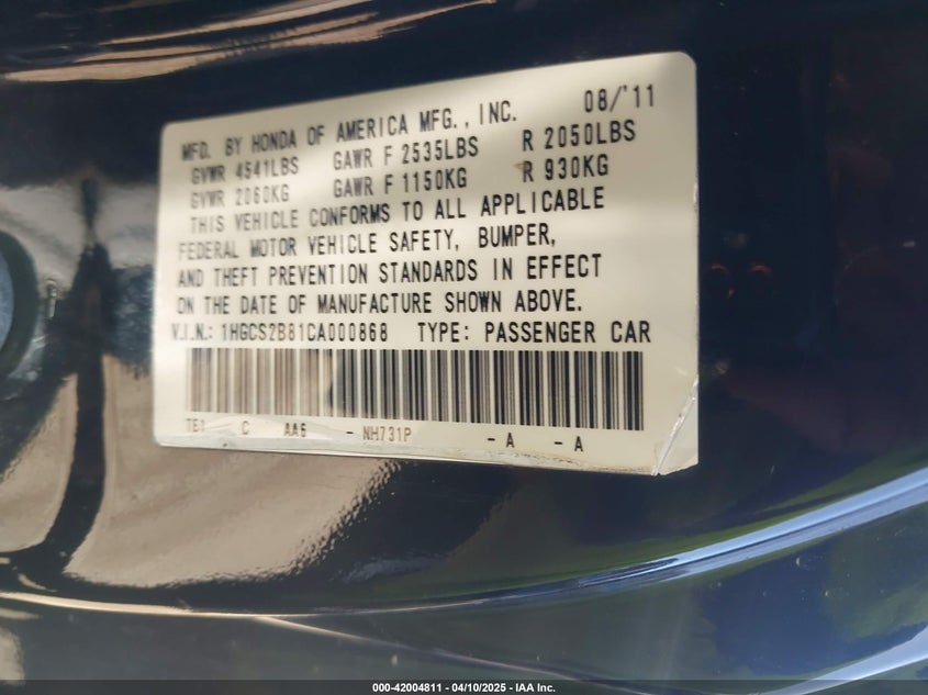 2012 HONDA ACCORD VIN: 1HGCS2B81CA000868