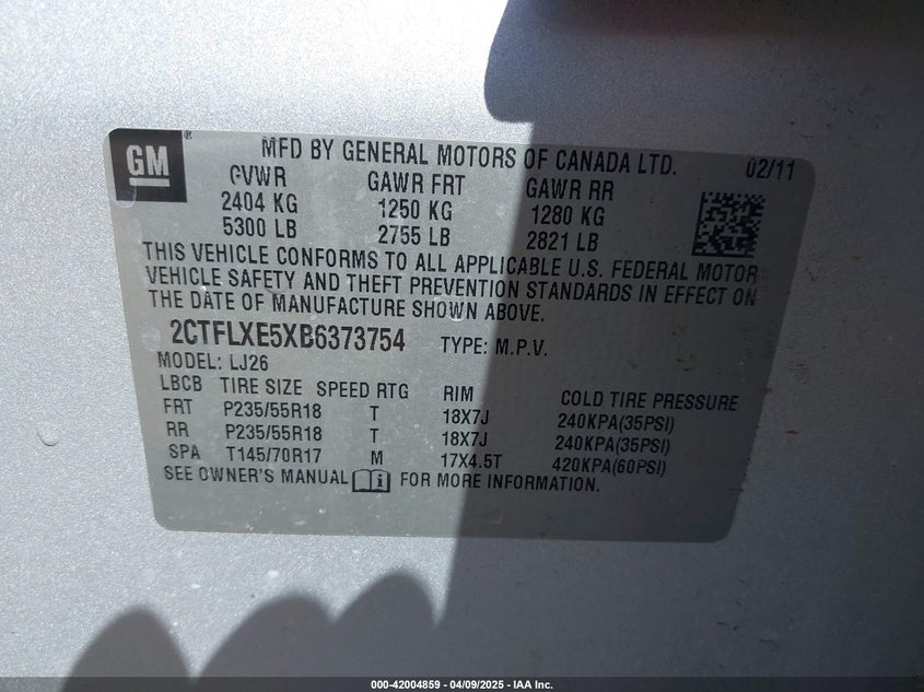 2011 GMC TERRAIN VIN: 2CTFLXE5XB6373754