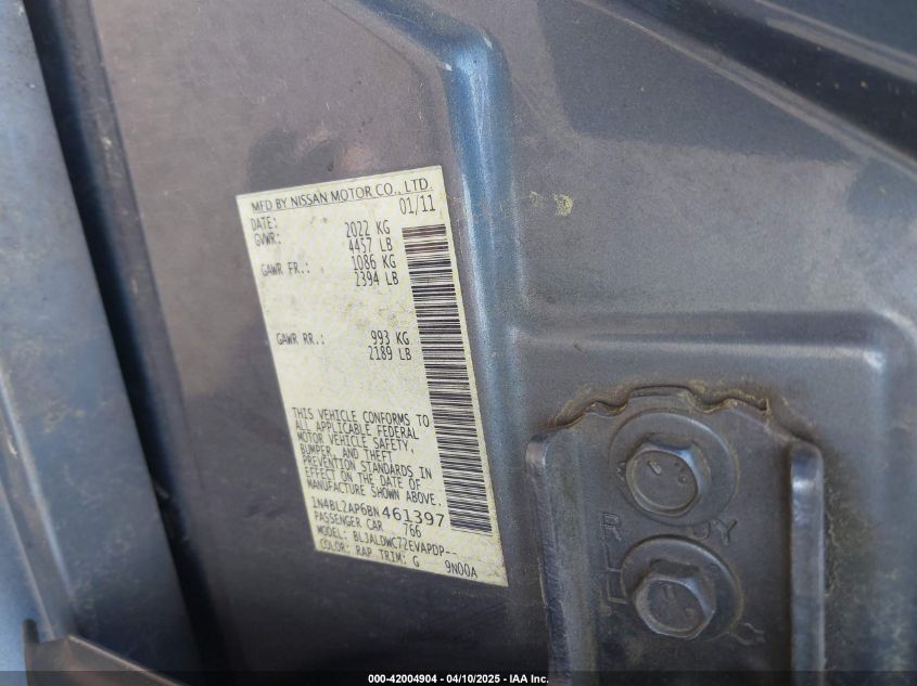 2011 Nissan Altima 3.5 Sr VIN: 1N4BL2AP6BN461397 Lot: 42004904