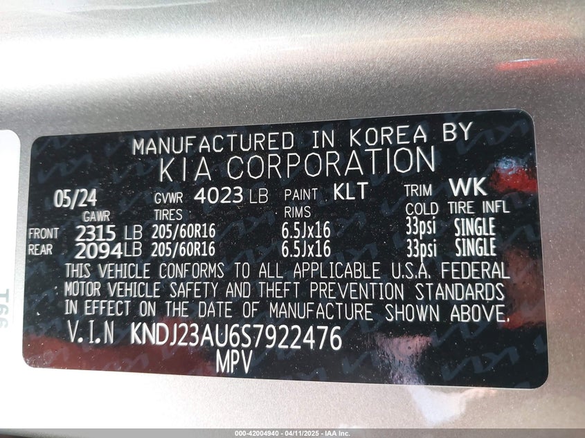2025 KIA SOUL VIN: KNDJ23AU6S7922476