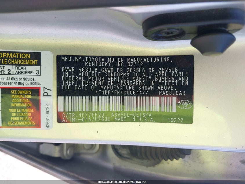 2012 TOYOTA CAMRY VIN: 4T1BF1FK4CU061477