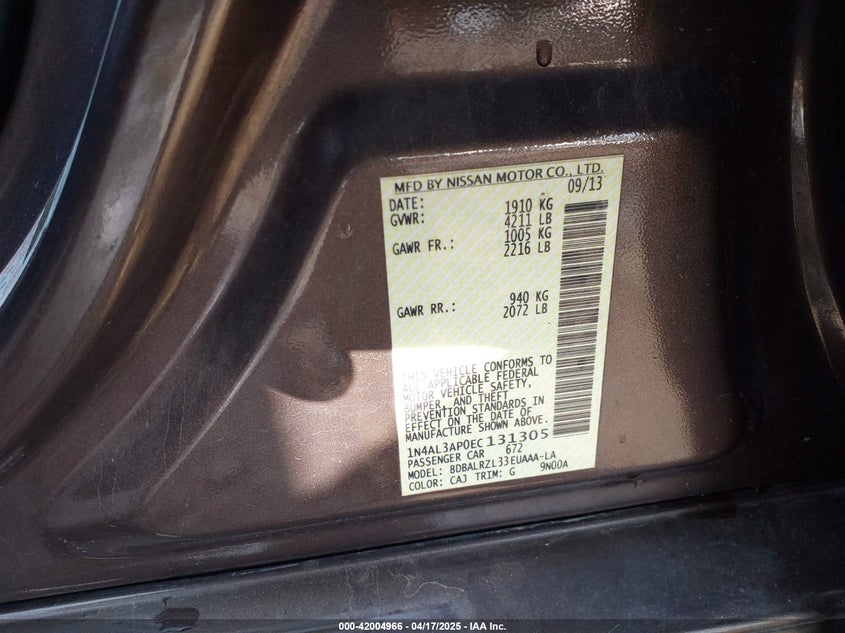 2014 Nissan Altima 2.5 S VIN: 1N4AL3AP0EC131305 Lot: 42004966