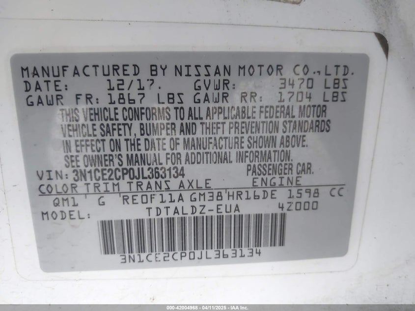 2018 NISSAN VERSA NOTE VIN: 3N1CE2CP0JL363134