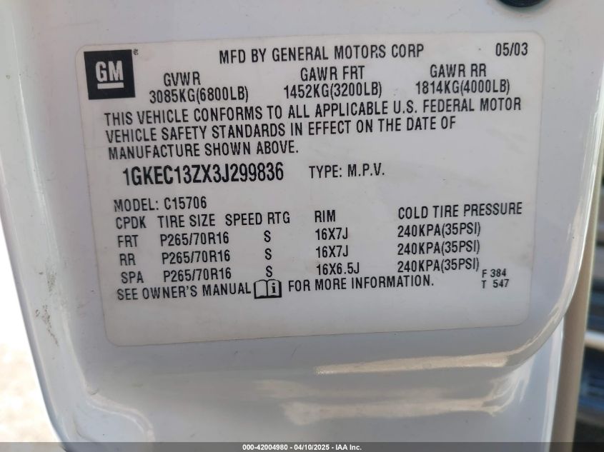 2003 GMC Yukon Slt VIN: 1GKEC13ZX3J299836 Lot: 42004980