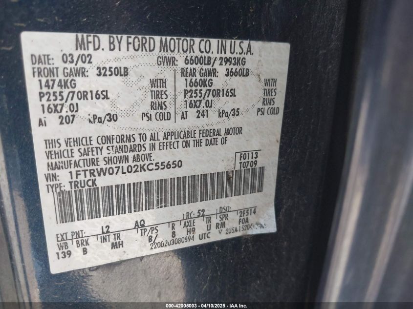 2002 Ford F-150 Lariat/Xlt VIN: 1FTRW07L02KC55650 Lot: 42005003