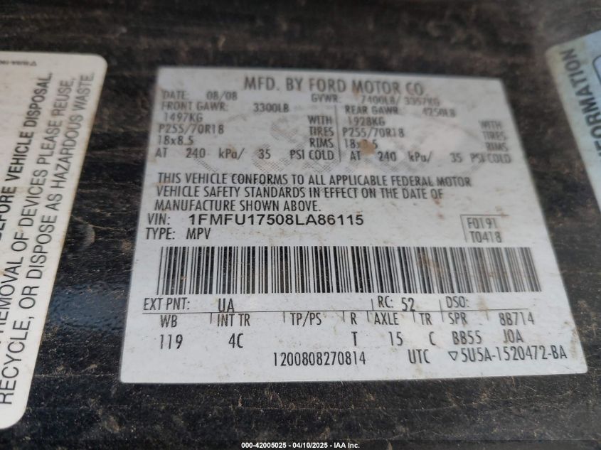 2008 Ford Expedition Eddie Bauer/King Ranch VIN: 1FMFU17508LA86115 Lot: 42005025