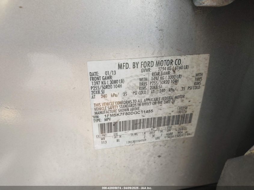 2013 Ford Explorer Limited VIN: 1FM5K7F80DGC11455 Lot: 42005074