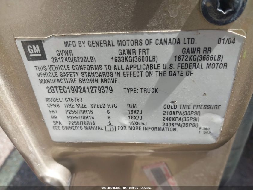 2004 GMC Sierra 1500 Sle VIN: 2GTEC19V241279379 Lot: 43254367