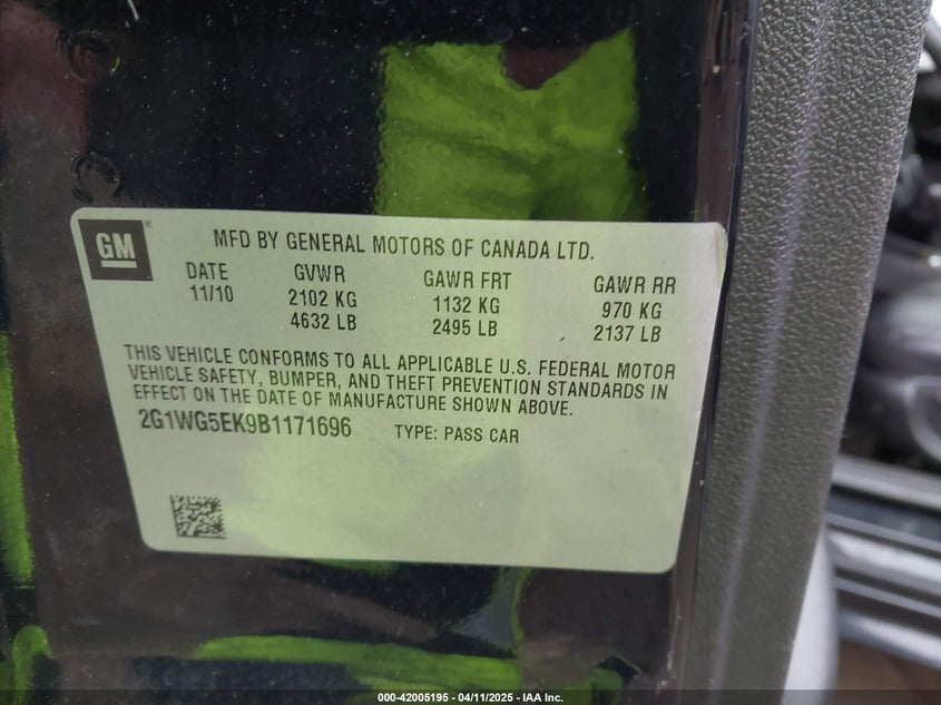 2011 CHEVROLET IMPALA VIN: 2G1WG5EK9B1171696
