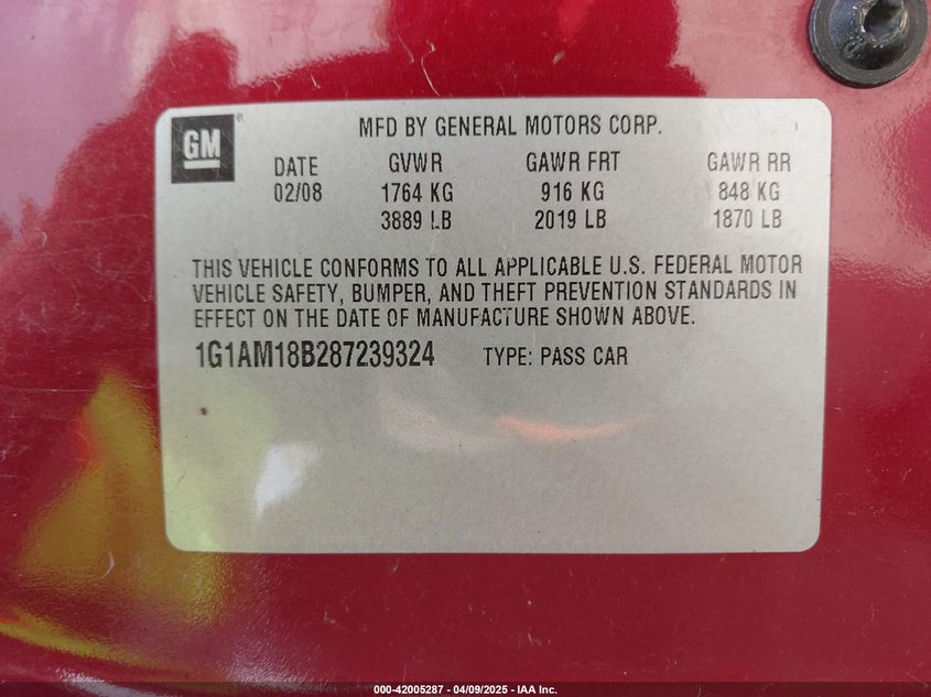 2008 CHEVROLET COBALT VIN: 1G1AM18B287239324