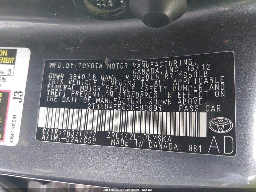 2012 TOYOTA COROLLA VIN: 2T1BU4EE0CC899994
