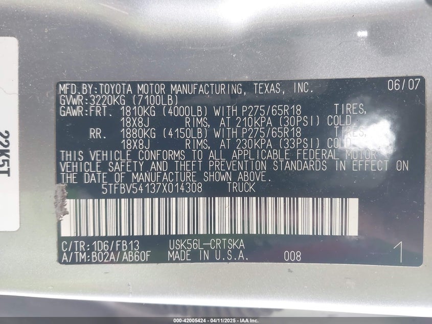 2007 TOYOTA TUNDRA VIN: 5TFBV54137X014308