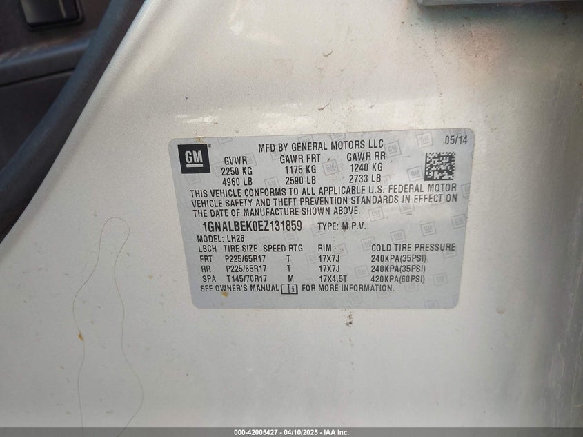 2014 CHEVROLET EQUINOX VIN: 1GNALBEK0EZ131859