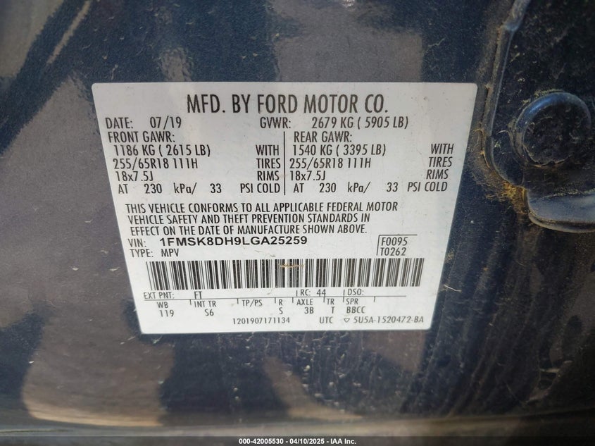 VIN 1FMSK8DH9LGA25259 2020 FORD EXPLORER XLT