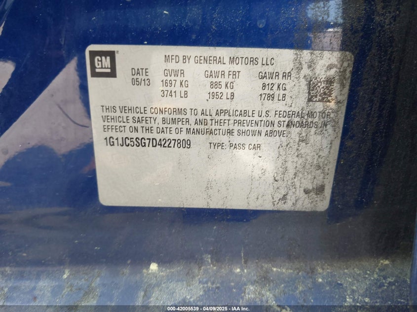 2013 CHEVROLET SONIC VIN: 1G1JC5SG7D4227809