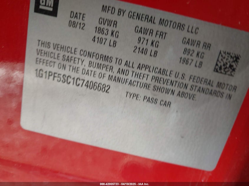 2012 CHEVROLET CRUZE VIN: 1G1PF5SC1C7406682