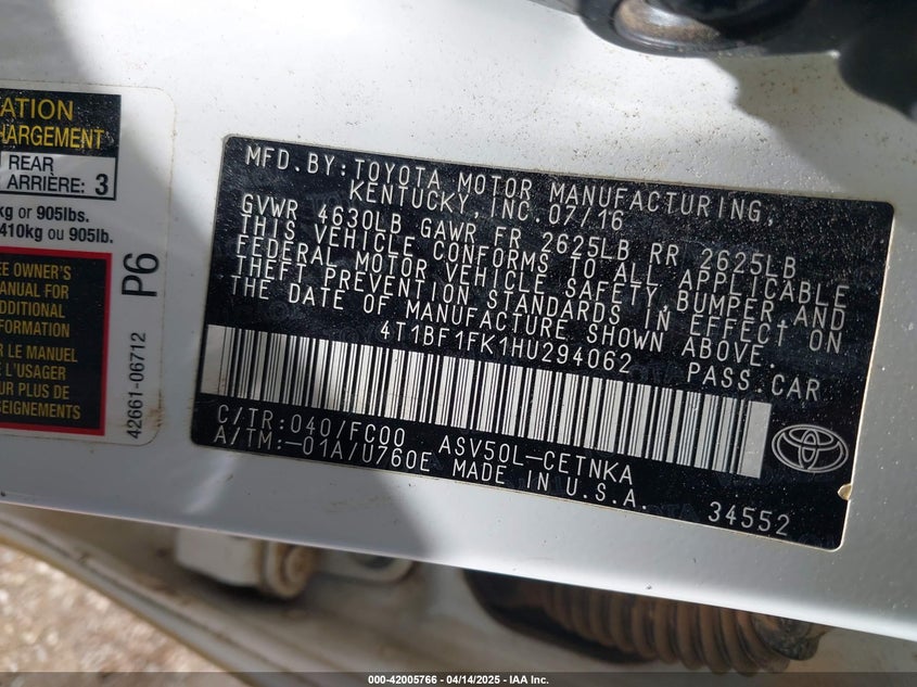 2017 TOYOTA CAMRY VIN: 4T1BF1FK1HU294062