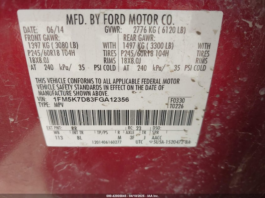 2015 FORD EXPLORER VIN: 1FM5K7D83FGA12356