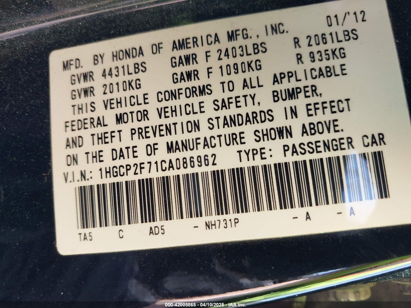 2012 HONDA ACCORD VIN: 1HGCP2F71CA086962