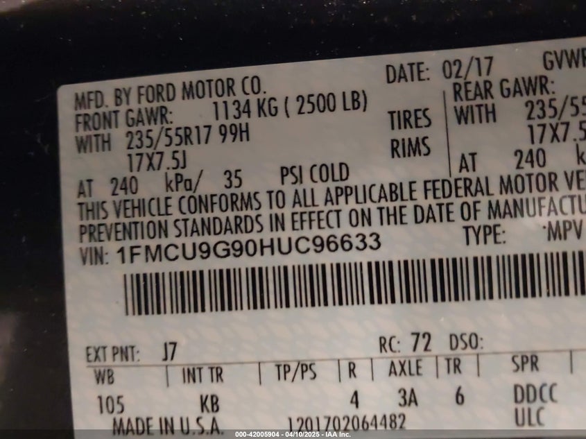 2017 FORD ESCAPE VIN: 1FMCU9G90HUC96633