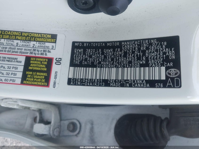 2019 TOYOTA COROLLA LE - 2T1BURHE7KC147006