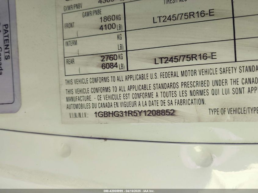 2000 Chevrolet Express Rv Cutaway VIN: 1GBHG31R5Y1208852 Lot: 42005999