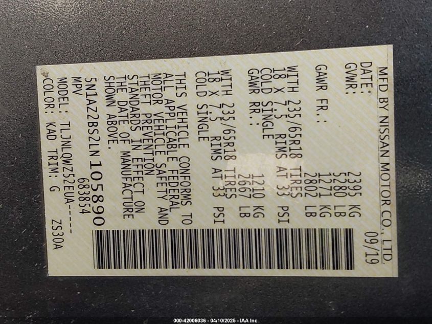 2020 Nissan Murano Sv Intelligent Awd VIN: 5N1AZ2BS2LN105890 Lot: 42006036