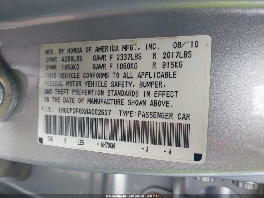 2011 HONDA ACCORD VIN: 1HGCP2F6XBA002627