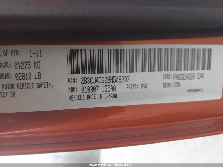 2011 DODGE CHALLENGER VIN: 2B3CJ4DG0BH508297