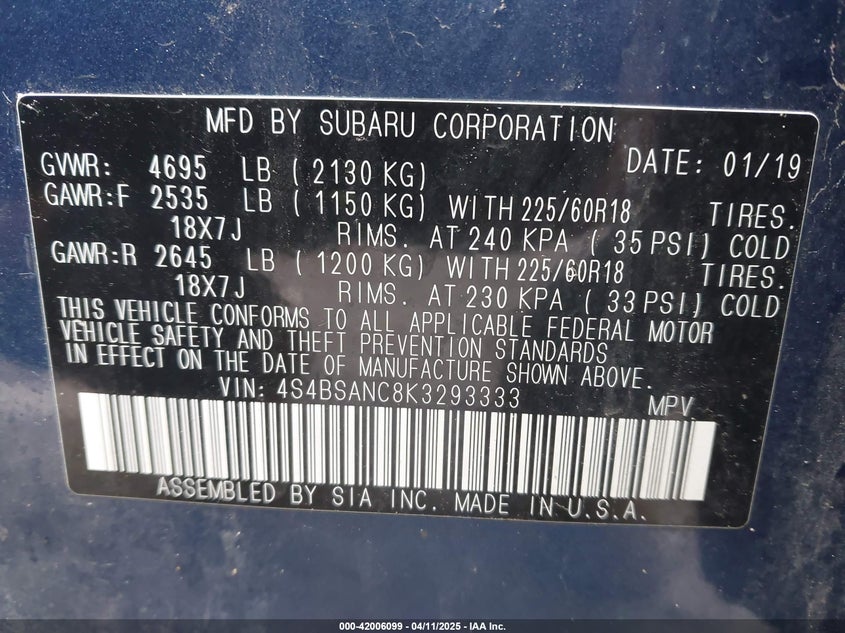 VIN 4S4BSANC8K3293333 2019 SUBARU OUTBACK 2.5I LIMITED