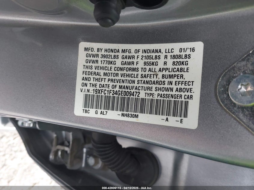 2016 HONDA CIVIC VIN: 19XFC1F34GE009472