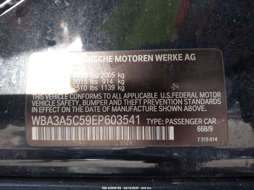 2014 BMW 328I VIN: WBA3A5C59EP603541