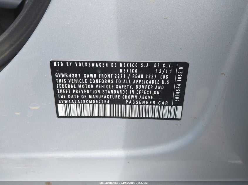 2012 VOLKSWAGEN JETTA VIN: 3VW4A7AJ9CM092254