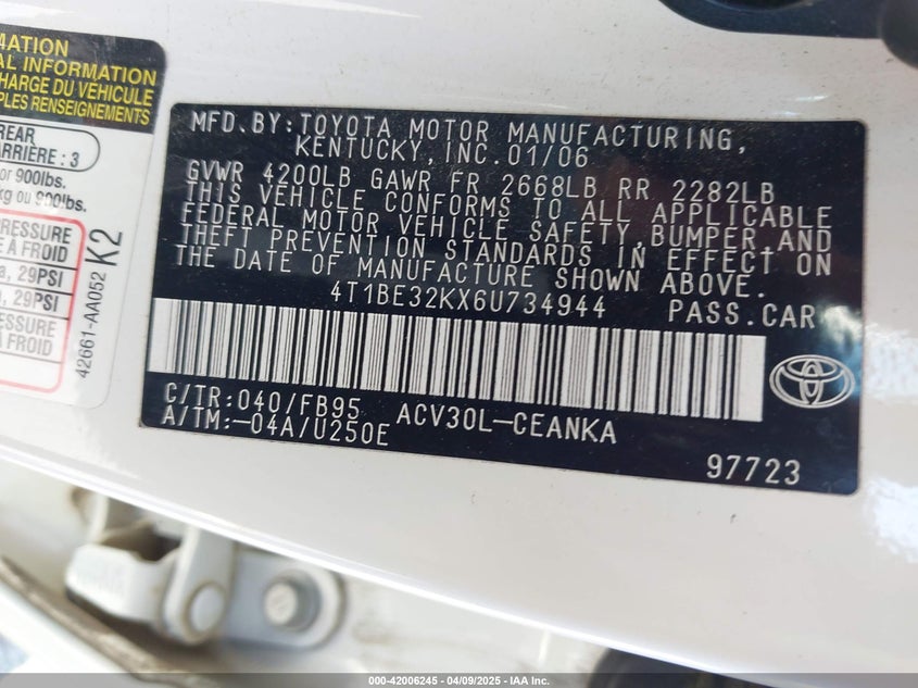2006 TOYOTA CAMRY VIN: 4T1BE32KX6U734944