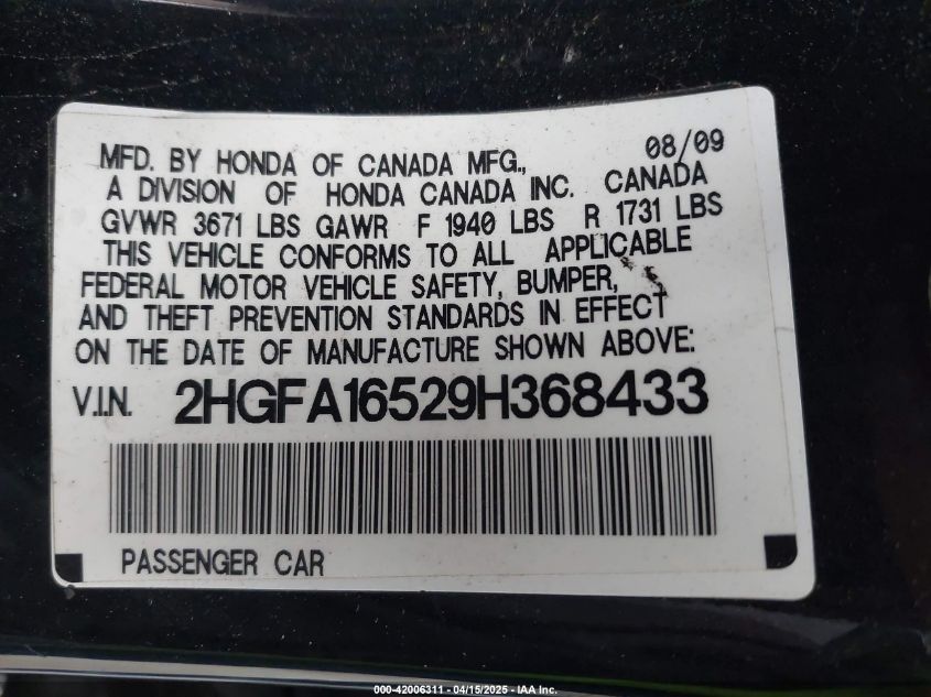 2009 Honda Civic Lx VIN: 2HGFA165298368433 Lot: 42006311