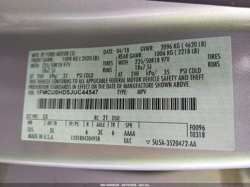 2018 FORD ESCAPE SEL VIN: 1FMCU0HD5JUC44547