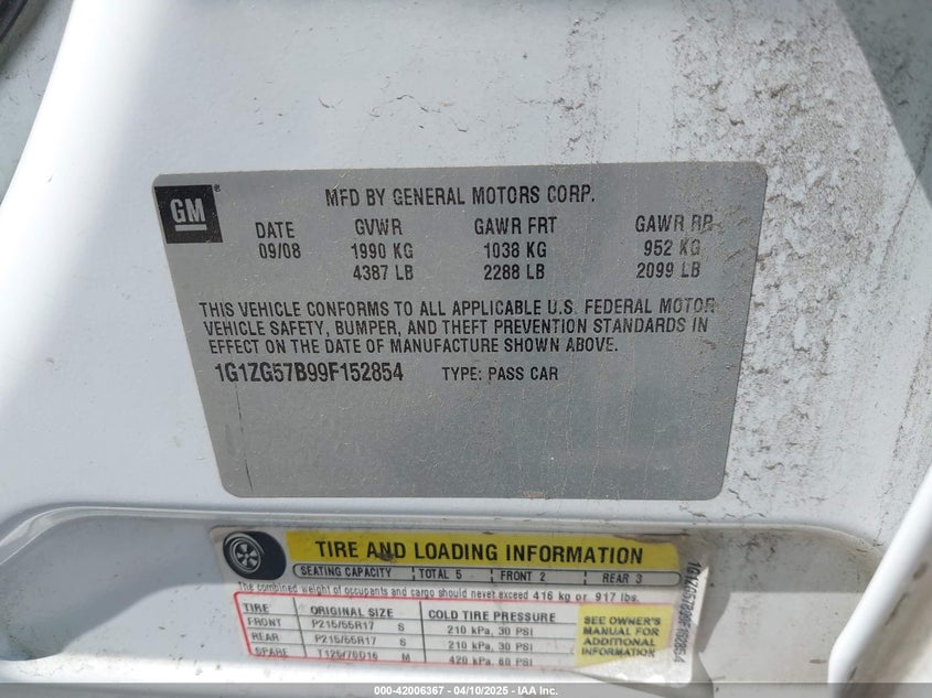 2009 CHEVROLET MALIBU VIN: 1G1ZG57B99F152854