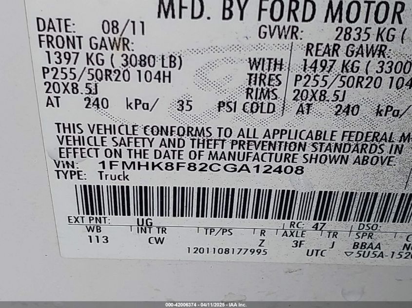 2012 Ford Explorer Limited VIN: 1FMHK8F82CGA12408 Lot: 42006374